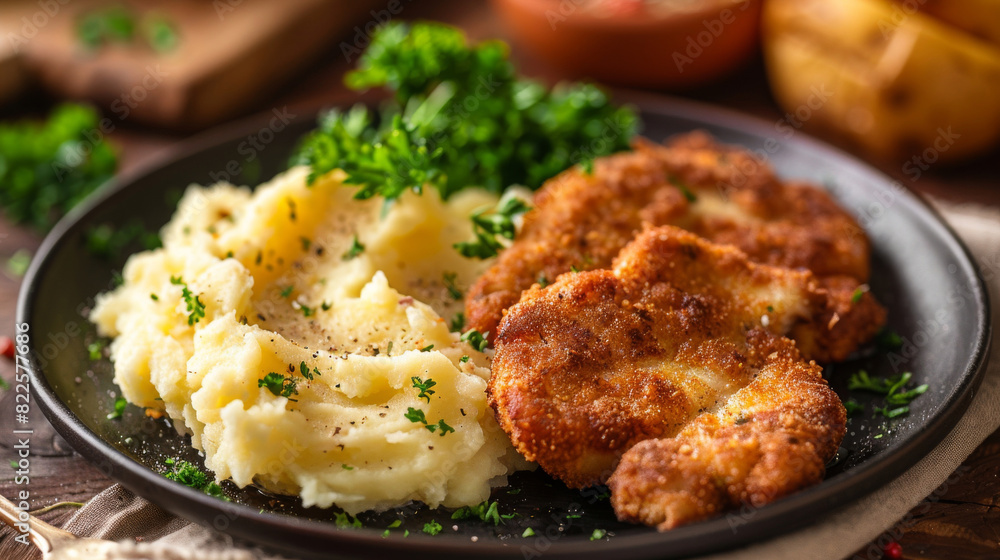 Czech-style breaded pork cutlets with creamy mashed potatoes, garnished with fresh parsley on a rustic wooden table Czech-style breaded pork cutlets with creamy mashed potatoes, garnished with fresh parsley on a rustic wooden table