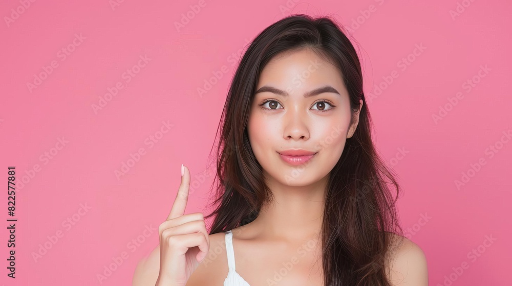 confident asian woman pointing up with copy space against pink background portrait of beauty and elegance studio photo confident asian woman pointing up with copy space against pink background portrait of beauty and elegance studio photo