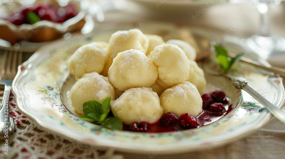 Traditional czech dumplings with tangy berry sauce and fresh mint on a vintage porcelain plate