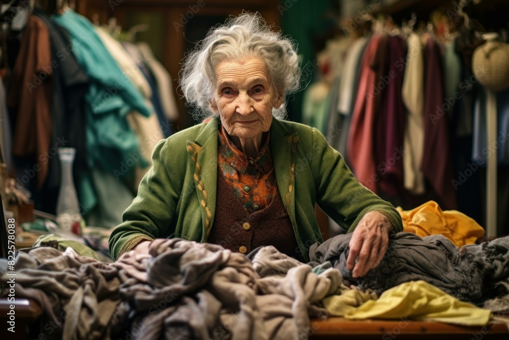 Senior woman with gray hair meticulously sorts through a colorful array of clothes Senior woman with gray hair meticulously sorts through a colorful array of clothes