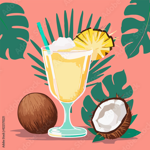 Tropischer summer coconut cocktail pina collada with pineapple  and coconut on pastel pink background. National Piña Colada Day vector illustration eps10