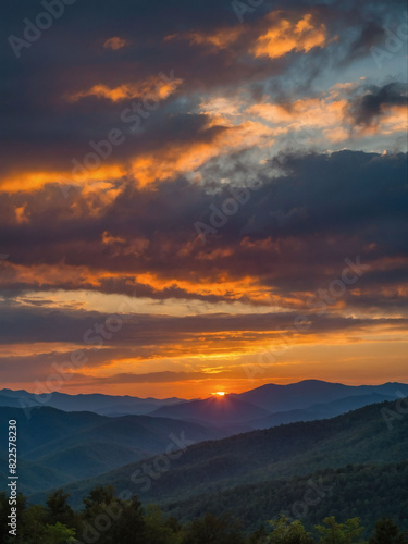 Majestic sunset behind the Smoky Mountains.