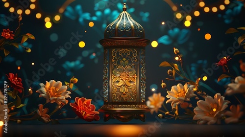 An opulent Eid greeting card featuring an ornate floral motif and a radiant Arabic lantern, symbolizing celebration and joy photo