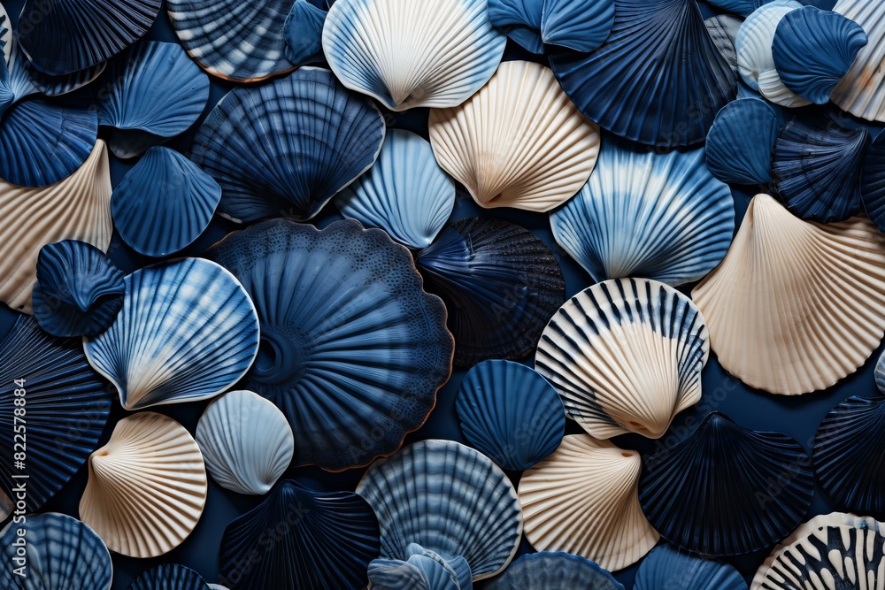 Top view of diverse sea shells arranged on a dark surface, showcasing patterns and colors Top view of diverse sea shells arranged on a dark surface, showcasing patterns and colors