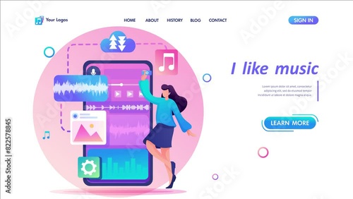 Young teenage girl listening to music, music lover. Flat 2D character. Landing page concepts and web design