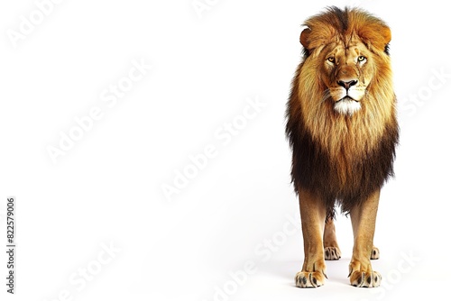 Majestic lion stands facing forward on white background