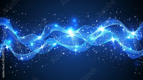  A blue abstract background with stars and a wave of light overlaid on a darker blue backdrop, studded with additional sparkles photo