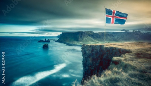 The Icelandic flag waving triumphantly atop a cliff overlooking a vast, windswept coastline. photo