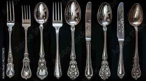 A beautifully arranged set of antique silver cutlery on a black background