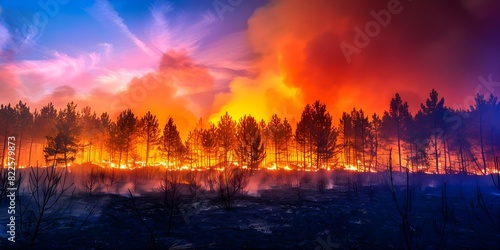Devastating Wildfire Consumes Pine Trees in a Large Forest During Dry Season. Concept Natural Disaster  Wildfire  Pine Trees  Forest  Dry Season