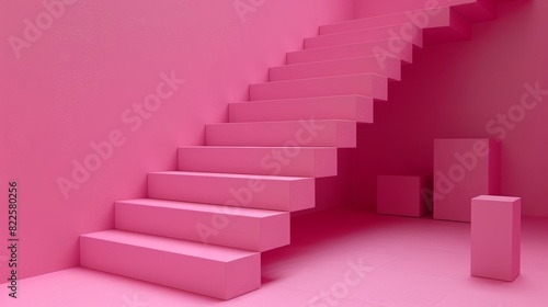  A pink room features stairs centrally placed  and a box sits on the right side of the stairs against a pink wall
