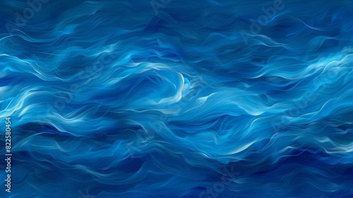  A painting of blue-and-white waves against a dark blue backdrop Reflection of water present in bottom right corners