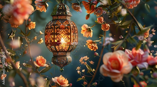 A resplendent Eid Mubarak card adorned with intricate floral designs and a gleaming lantern centerpiece photo