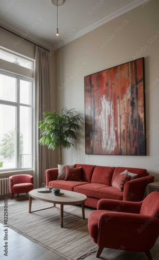 Fototapeta premium Sophisticated professional photograph of a burgundy and rose gold luxury living room interior with abstract art and indoor palm trees
