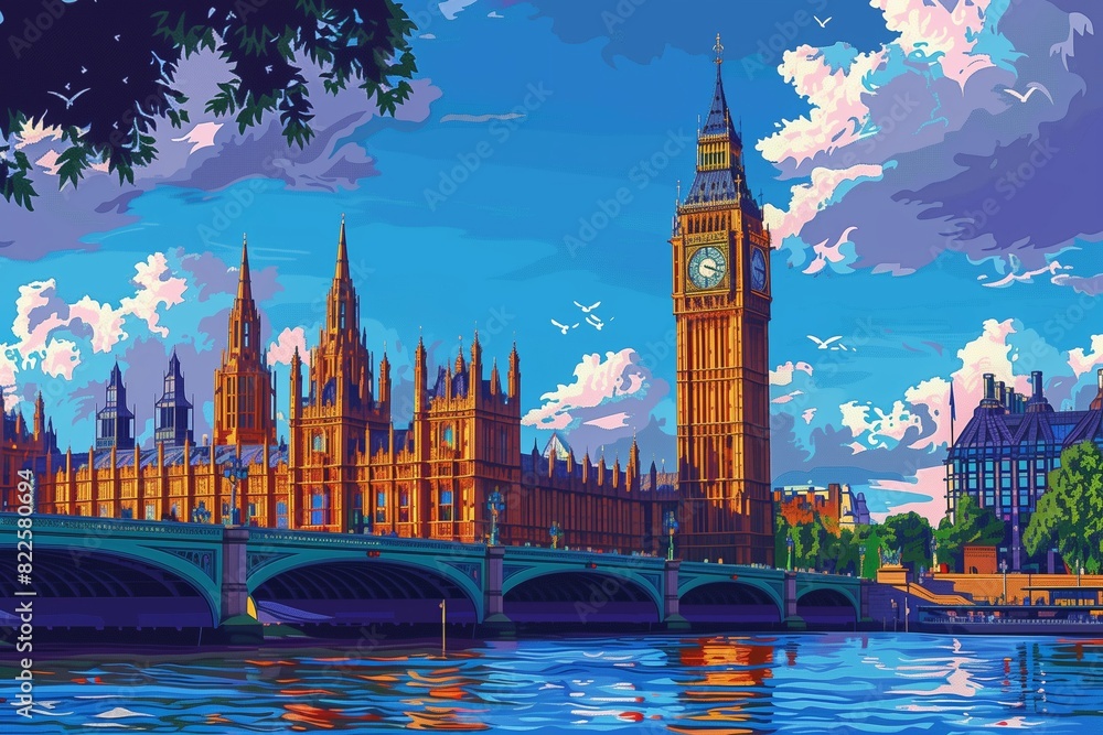 Naklejka premium Daytime vector illustration of Big Ben and the Houses of Parliament under clear blue skies