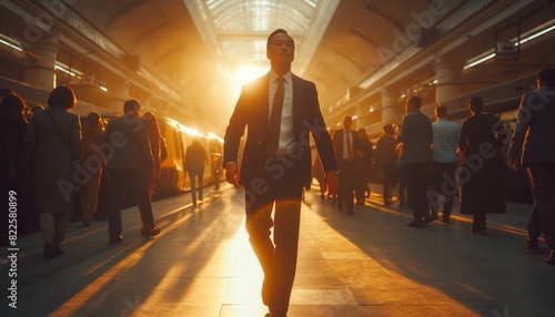 Man with a briefcase at sunset in railway station © gearstd