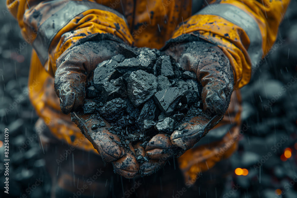 Hands Holding Raw Coal in Rainy Mining Environment with Protective Clothing Hands Holding Raw Coal in Rainy Mining Environment with Protective Clothing