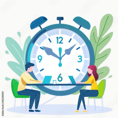 Minimalistic white vector style illustration with clock and business people at work working at desk with laptops in the office on saturdays