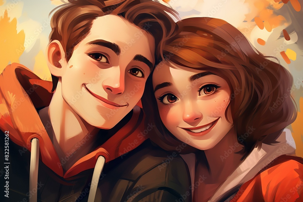 Illustration of a cheerful young couple with a backdrop of autumn leaves Illustration of a cheerful young couple with a backdrop of autumn leaves
