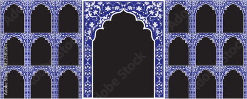 Set of windows Beautiful Arch small and Big Design with Indian Rajasthani fort and Culture. Wedding Backdrop and other uses. Abstract Indian floral rug design, Persian carpet, tribal texture, Vector.