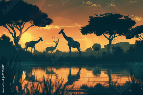 The golden sun sets on the savannah, casting reflections of wildlife on the water in this vector illustration. AI Generated