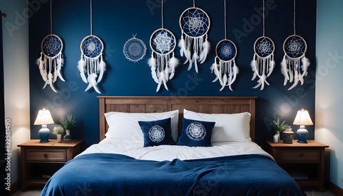 Cozy bedroom with dreamcatchers hanging on the bedheads photo