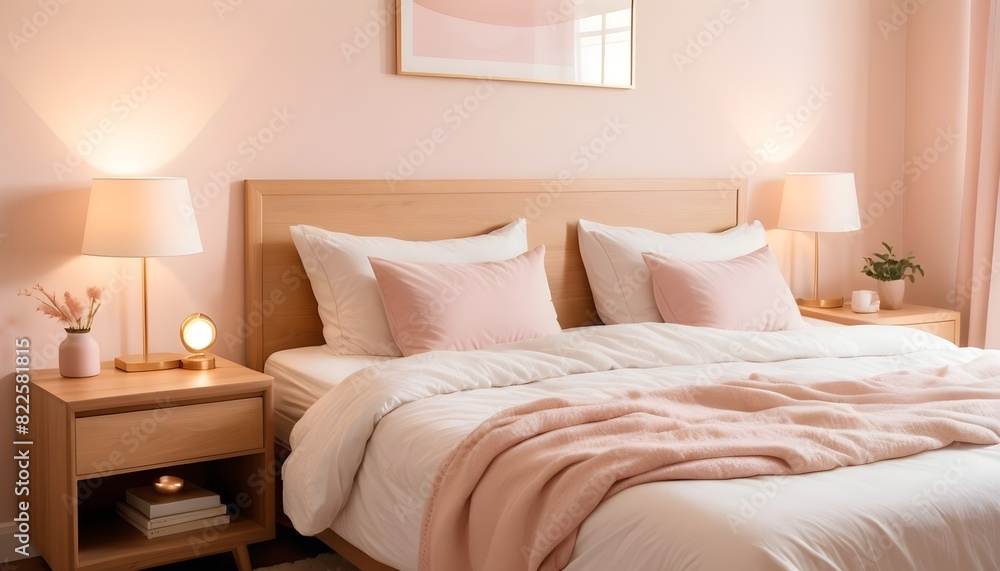 Double bed and wooden table in white and beige bedroom Double bed and wooden table in white and beige bedroom