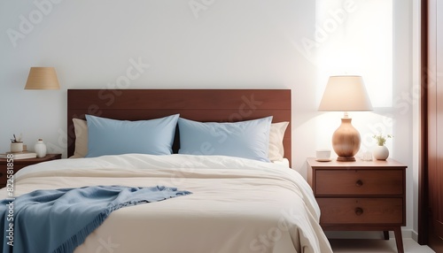 Double bed and wooden table in white and beige bedroom