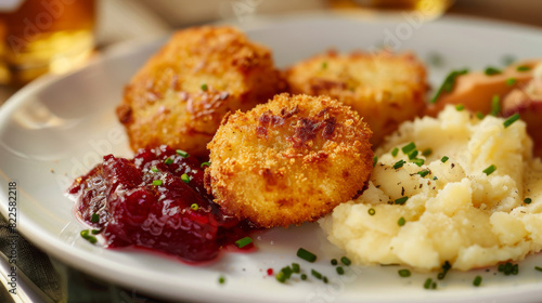 Delicious czech delicacy: fried cheese with creamy mashed potatoes, tangy tartar sauce, and fresh herb garnish © Michael