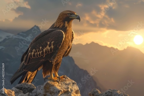 A large eagle is perched on a rock in front of a mountain range