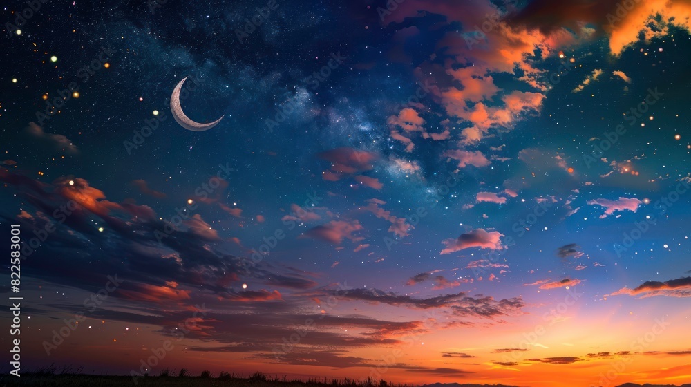 Sky night stars and moon, islamic night,sunset Sky night stars and moon, islamic night,sunset