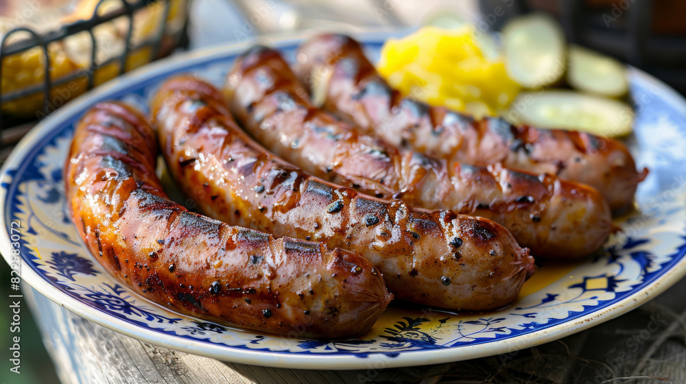 Grilled sausages on a decorative plate with pickles and mustard, showcasing the flavors of czech cuisine in an outdoor environment Grilled sausages on a decorative plate with pickles and mustard, showcasing the flavors of czech cuisine in an outdoor environment
