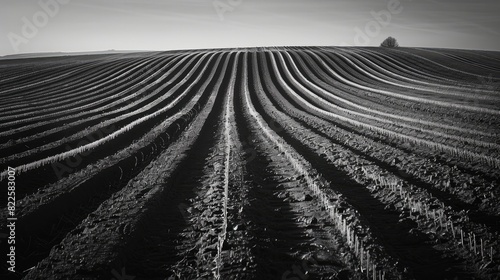 Symmetrical geometric furrows in a field prepared for planting.

 photo