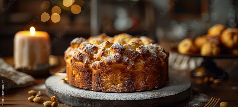Cake Panettone Italy from restaurant food photography. Cake Panettone Images texture banner postcard horizontal. Cake Panettone Italy from restaurant food photography. Cake Panettone Images texture banner postcard horizontal.