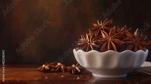 A bowl of star anise is on a wooden table