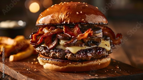 Savor the Flavor A Gourmet Hamburger Masterpiece in Rustic Farmhouse Portrait Photography
