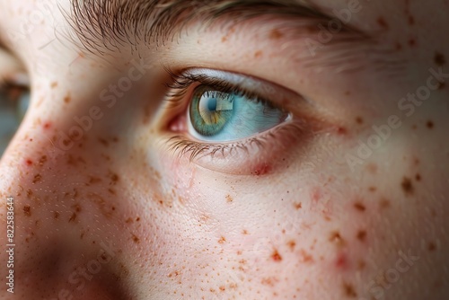 A person with a green eye and a few freckles on their face