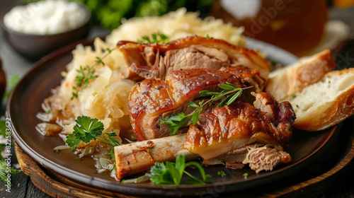 Savory czech roasted pork with sauerkraut, fluffy bread dumplings, and fresh parsley on a rustic serving platter
