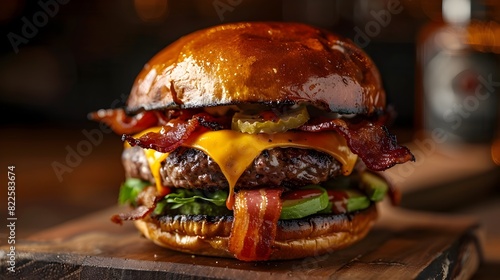 Succulent CharGrilled Beef Burger with White Cheddar Bacon and Fresh Avocado in Moody HighContrast Lighting