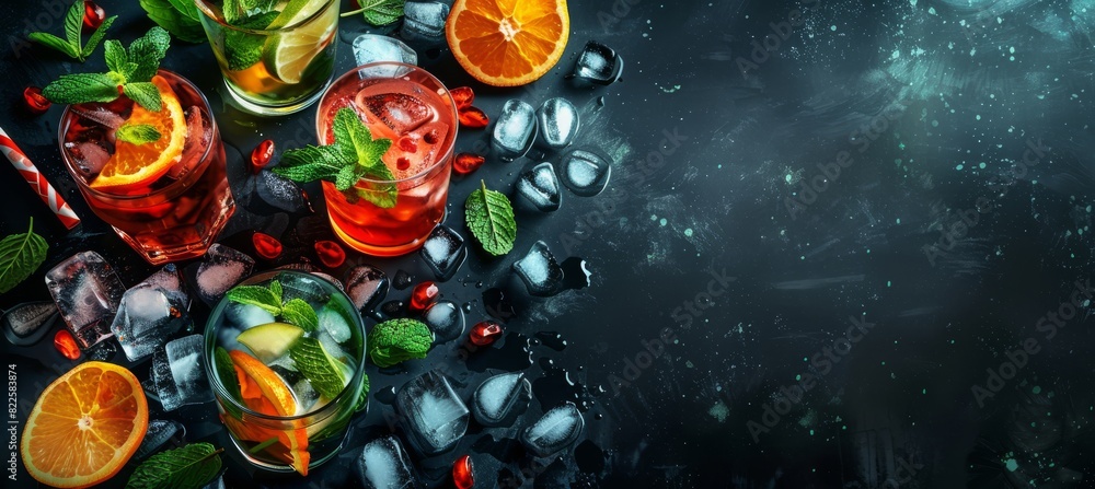 Drink menu inspiration: Vibrant cocktail creations on a dark slightly fuzzy background