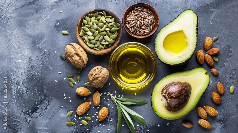 healthy fats food selection with avocado nuts seeds and olive oil flat lay healthy fats food selection with avocado nuts seeds and olive oil flat lay