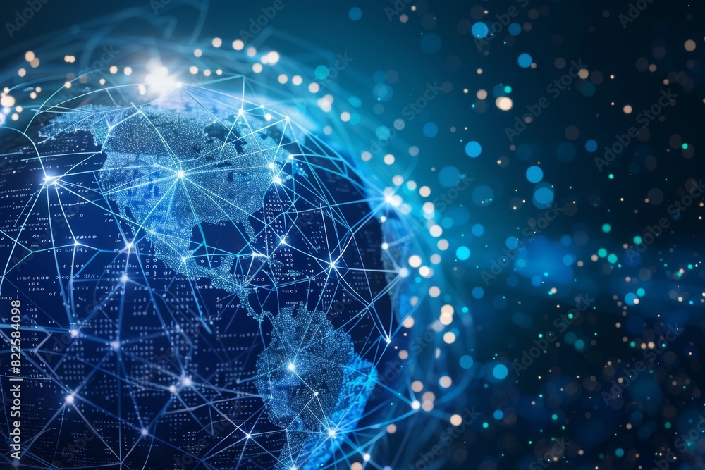 Obraz premium The background is blue with binary code patterns, symbolizing technology's role in commercial exchange between countries Generative AI