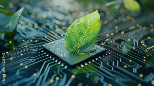 A green leaf embedded in a computer circuit board, symbolizing carbon neutrality and ESG concepts.