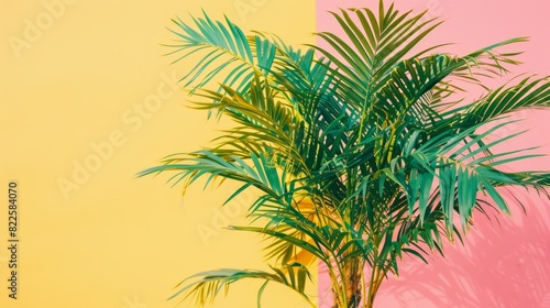  A palm tree casts a shadow in front of a pink and yellow wall Another palm tree  its reflection  stands before a yellow and pink wall  mirroring the shade  3