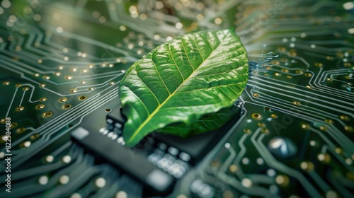 A green leaf embedded in a computer circuit board, symbolizing carbon neutrality and ESG concepts.