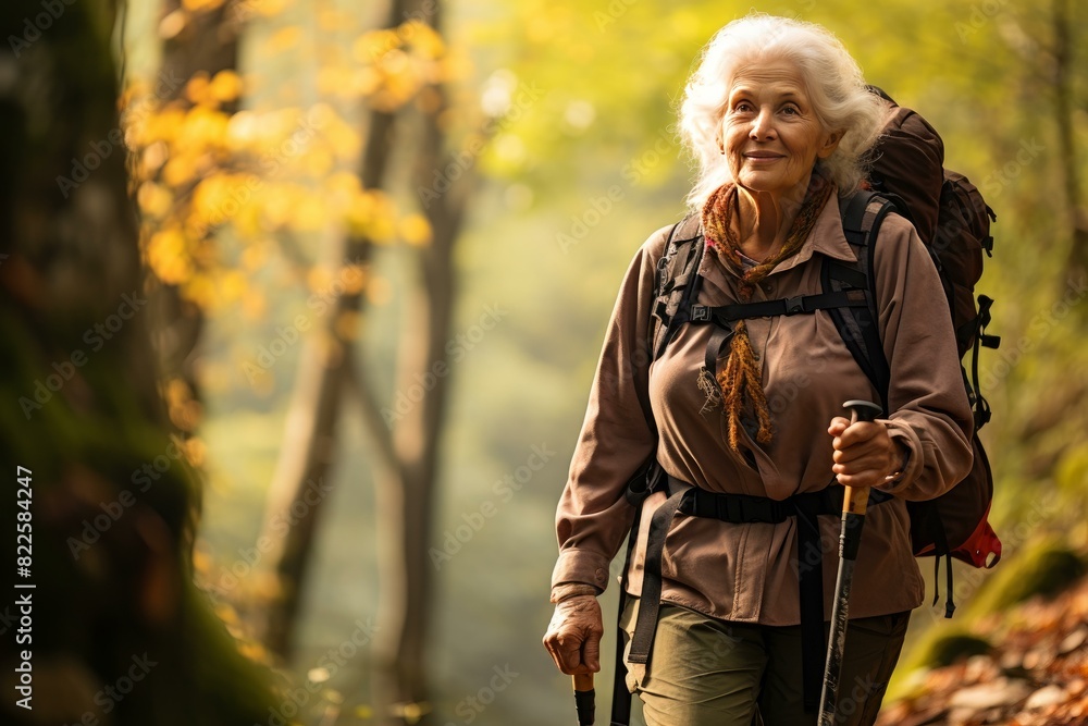 Active elderly lady hiking with a backpack and trekking pole among fall foliage