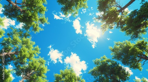  A collection of trees with the sun illuminating their crowns against a blue backdrop dotted with white clouds, overhead view photo