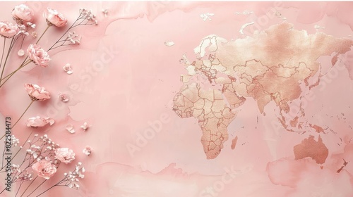 Fototapeta Naklejka Na Ścianę i Meble -  Delicate pink world map with flowers.