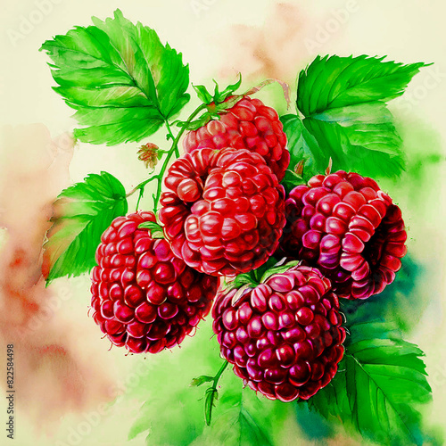 Colourful bloomy vibrant watercolour oil painting splash colour of raspberries Fruit