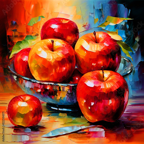 Colourful impasto knife oil painting splash colour of apples Fruit